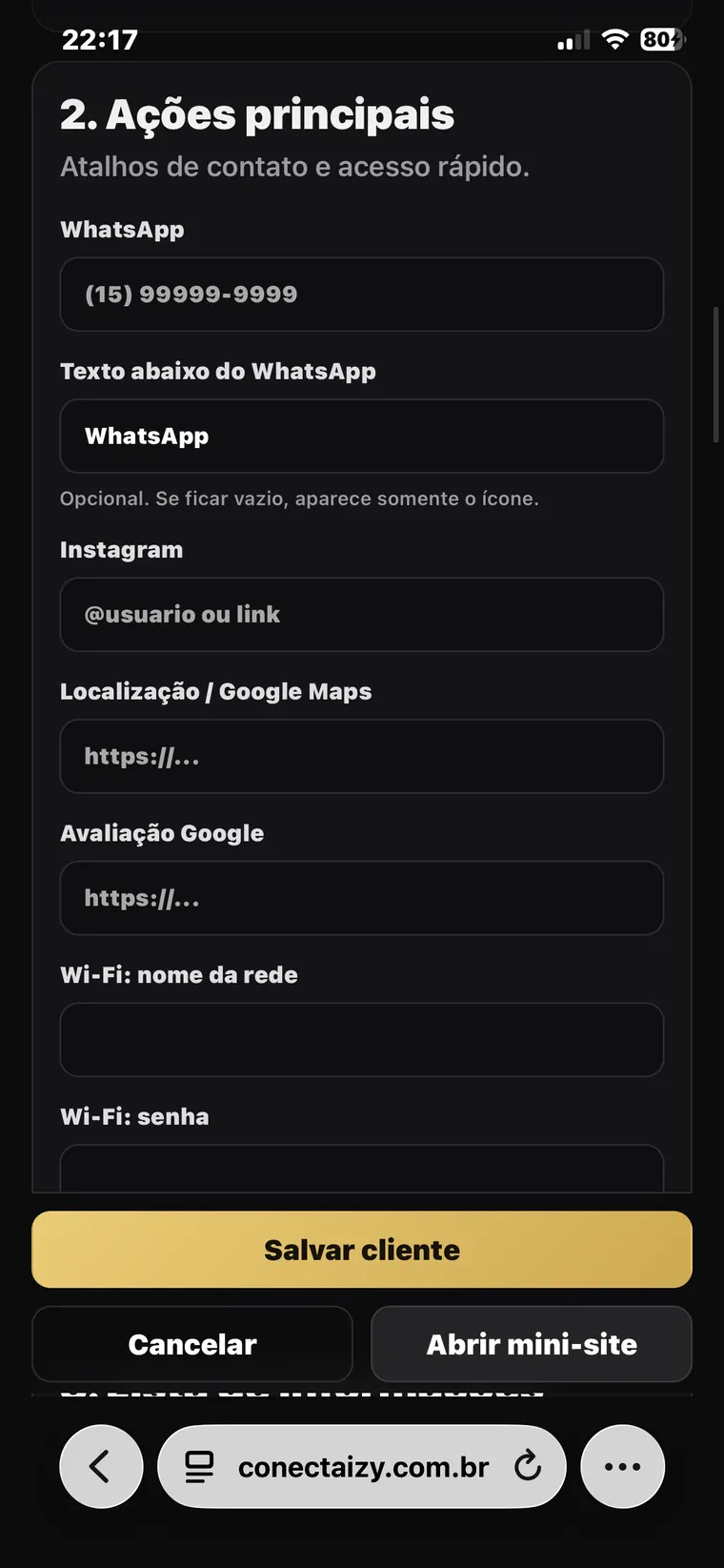 Contatos e acessos do cliente